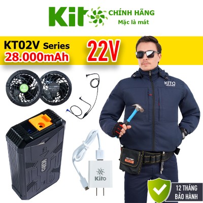[2 Áo KITO + 1 Bộ Quạt 22V] Chính Hãng Pin 28.000mAh Chạy 10 - 20 Giờ, Áo Có Mũ 4 Màu BH 12 Tháng